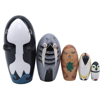 

5 PCS Wooden Matryoshka Doll Marine Animal Whale Russian Dolls Gift Handmade Crafts Home Decorations