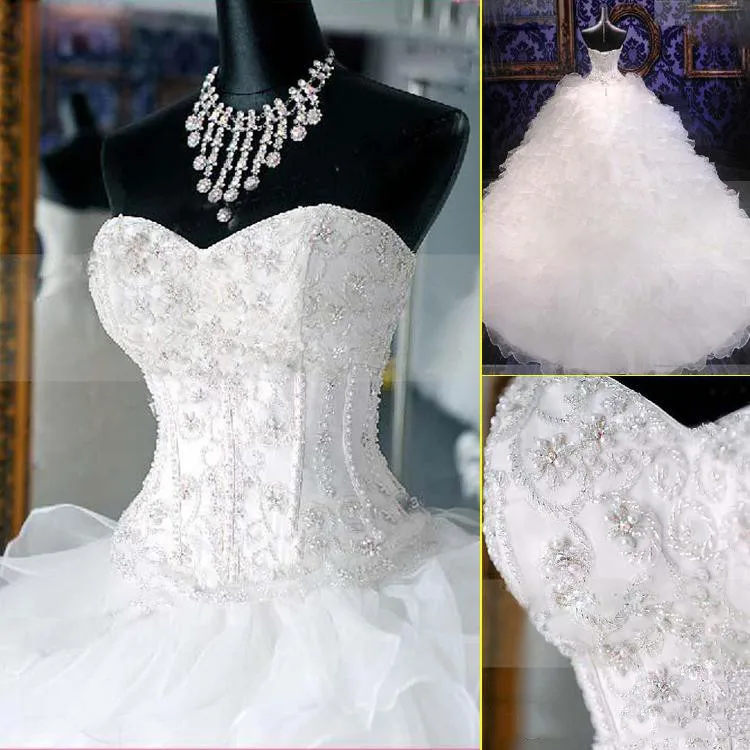 Свадебное белое вечернее платье, милое, с открытыми плечами, из бисера/с кристаллами, с кружевной аппликацией, собора/Королевское пышное свадебное платье со шлейфом
