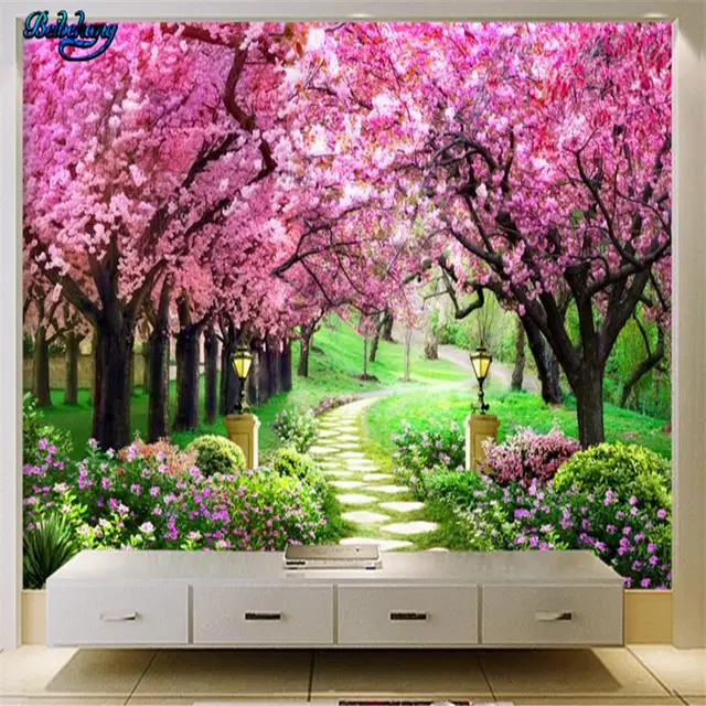 Beibehang Cherry Tree Garden Garden Road Landscape Background Wall
