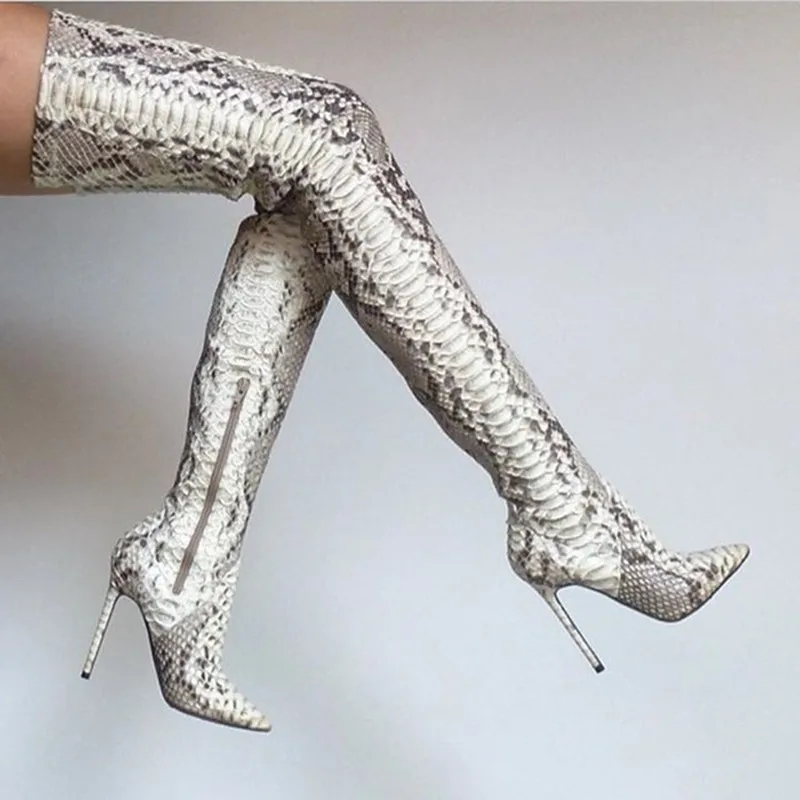

Snakeskin Leather Over The Knee Thigh High Boots Women Genuine Leather Shoes High Heels Women Long Boots New F