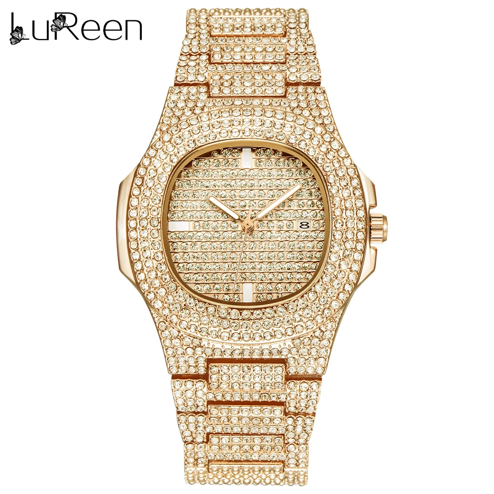 

Lureen Gold Color Watch Quartz Luxury Full Diamond Round Watches Mens Stainless Steel Wristwatch Gift