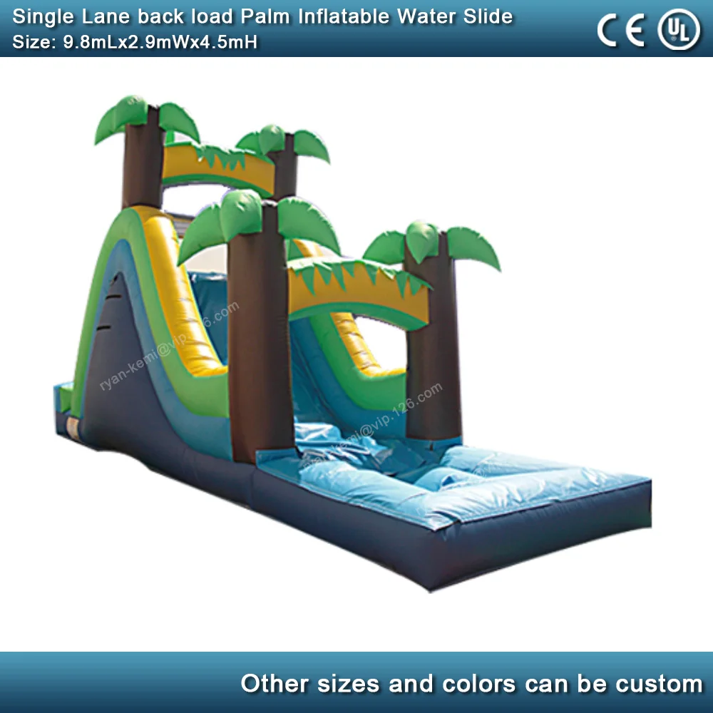32ft single lane tropical style green palm inflatable water slide with pool for adults kids commercial inflatable wet slide front