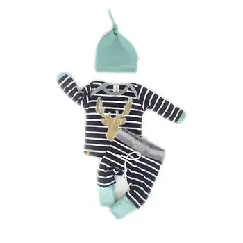 

Baby Boy Girl Autumn Outfit Clothes Newborn Kids Striped T-Shirt Tops+ Blue Striped Pants Trousers+Hats 3PCS Set