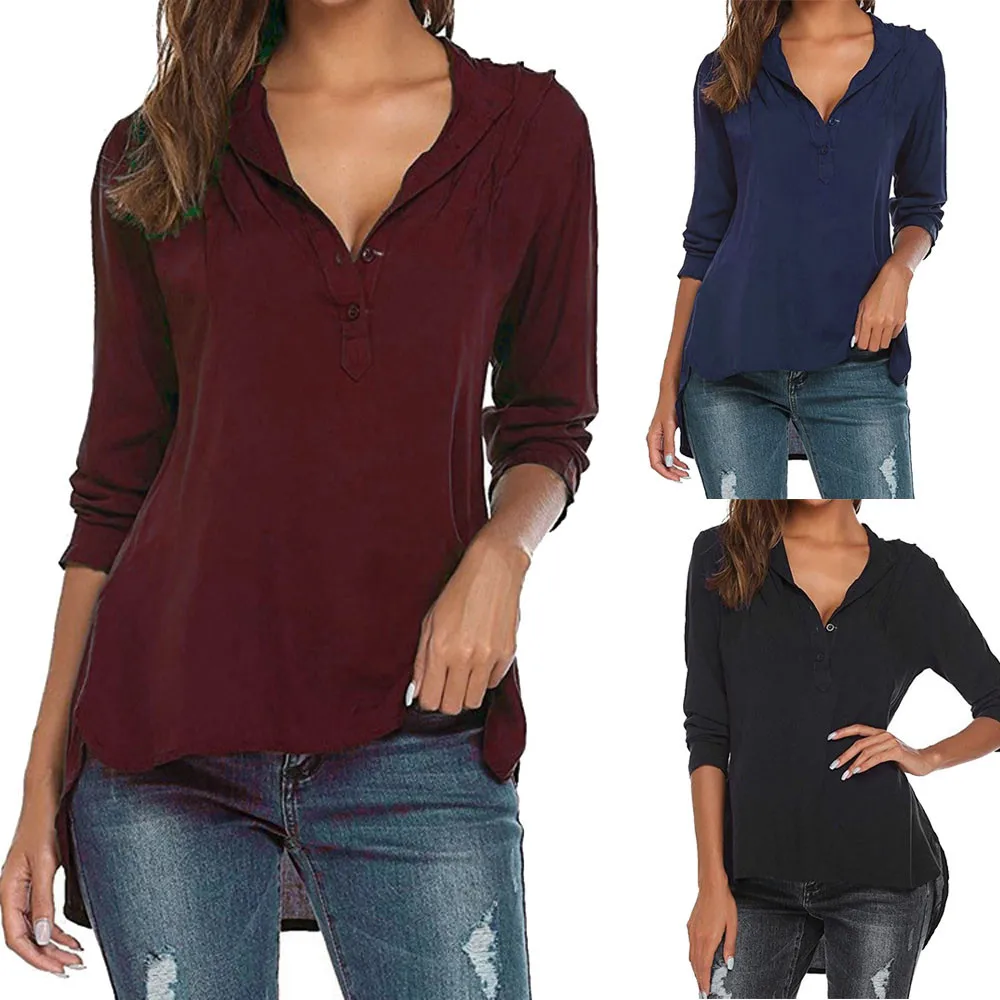 

2017 women long-sleeved shirt irregular color solid color button shirt new black red blue casual shirt bluz
