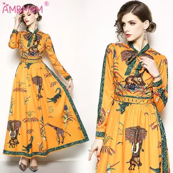 

AMBMM Fashion Designer Dress Women's Long Sleeve Printed Ethnic Bow Vintage Long Dress High-Quality Party Women Dresses
