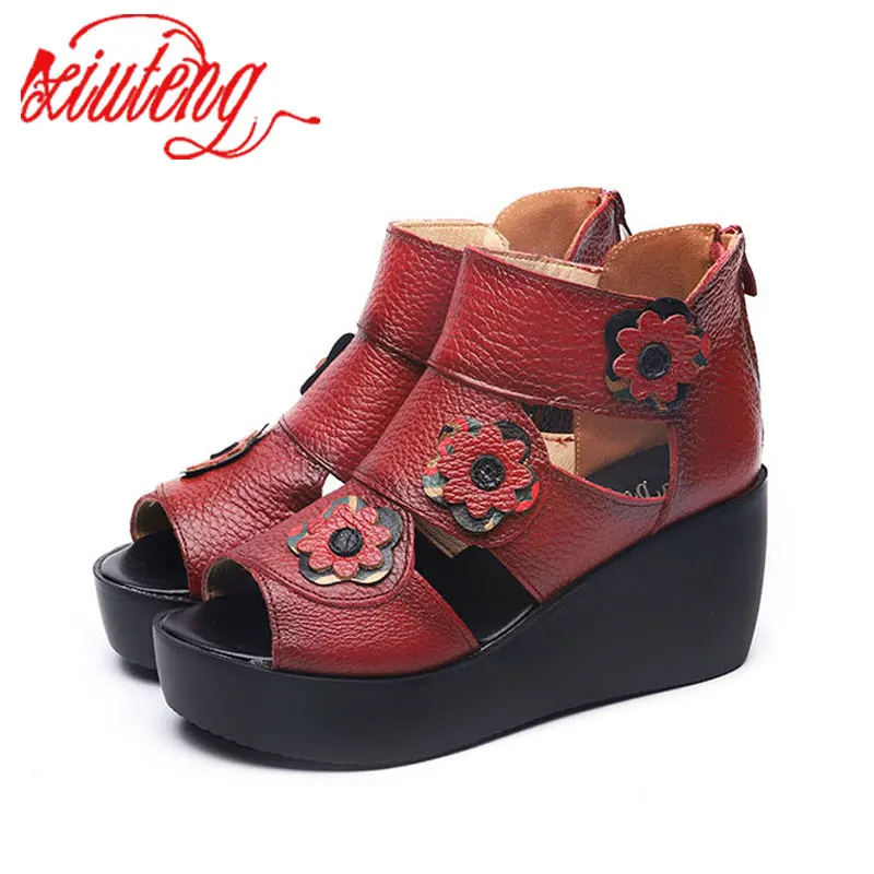 Xiuteng/Коллекция года; женские нескользящие Босоножки с открытым носком на платформе и высоком каблуке; сандалии из натуральной кожи; Женская обувь в римском стиле - Цвет: Красный