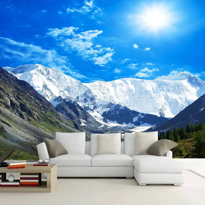 Custom Mural Waterproof Self-adhesive Wallpaper Blue Sky Snow Mountain Scenery 3D Photo Wall Paper For Living Room Bedroom Decor