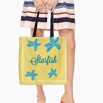 

Cartoon Starfish Light Yellow Back Printed Tote Bag For Shopping Travel Women White Canvas Hand Bags Double Sided Printing