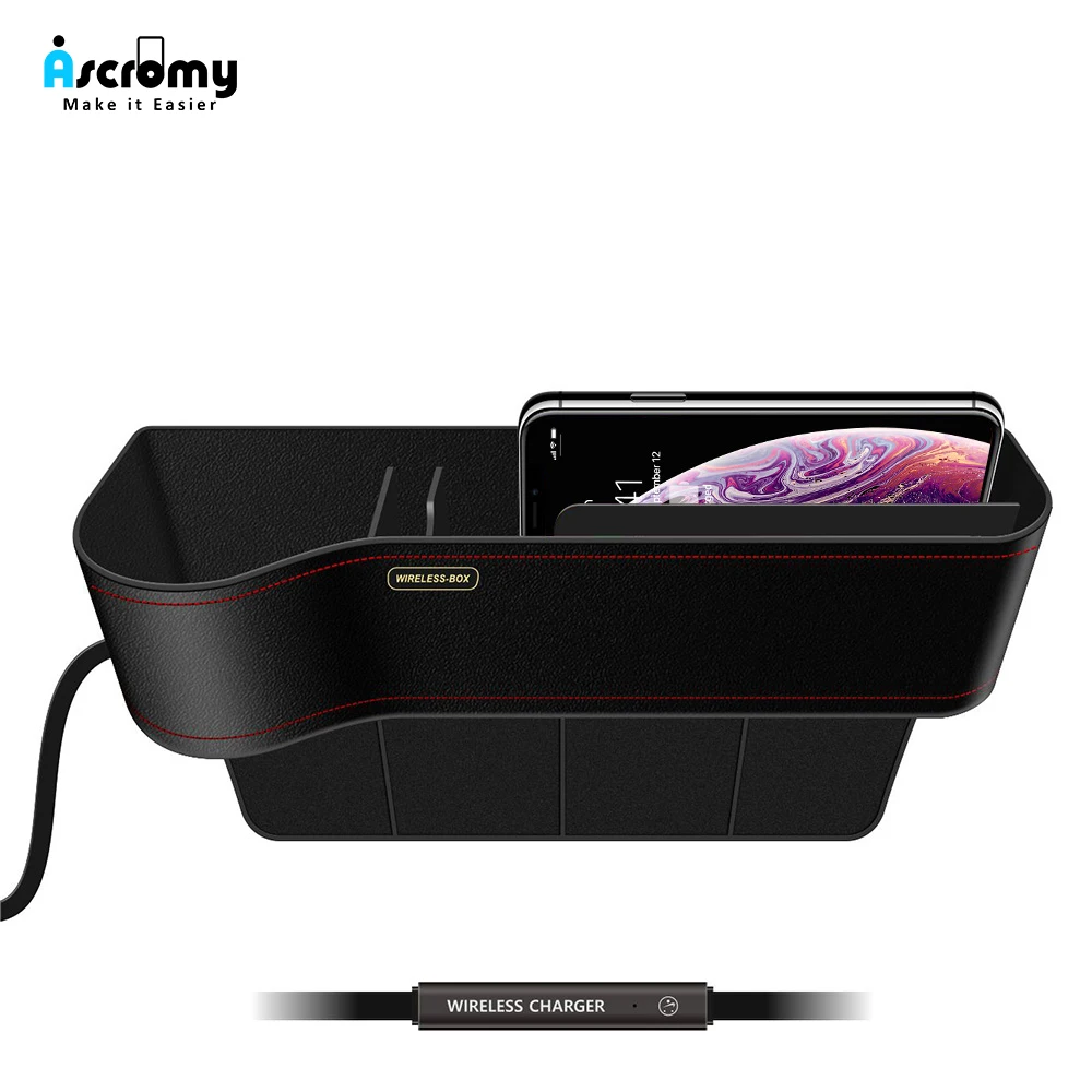 

Ascromy Multi-function Wireless Car Charger USB For iPhone XS X 8 Plus Samsung S9 Plus Storage Box Organizer Car Seat Gap Filler