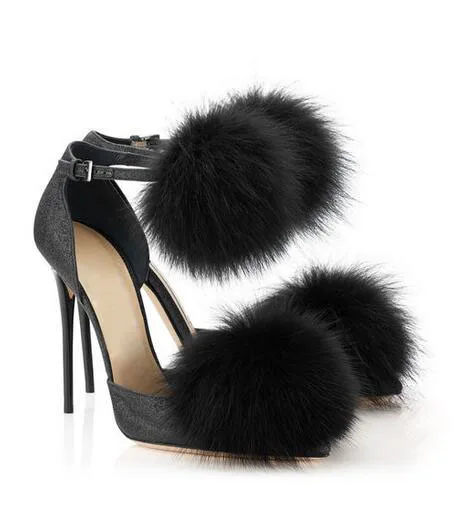 

Fashion furry balls pointed toe high heel women pumps 2016 newest brand ankle buckle stiletto heels size 34 to 42party shoes