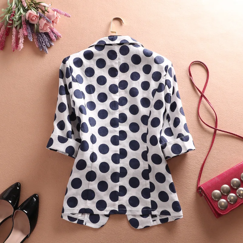 Summer Women Blazers And Jackets Casual Linen Polka Dot  3/4 Sleeve office Blazer Korea Style Print Plus Size  Ladies Blazers