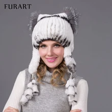 FURART Women winter rex rabbit fur hat ear protector caps knitted bomer hat 2015 fashion causal