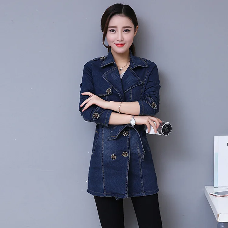 #3314 New 2019 Denim Jacket Long Women Double Breasted Jeans Coat Ladies Casual Slim Fit Plus Size 3XL 4XL Windbreaker Woman