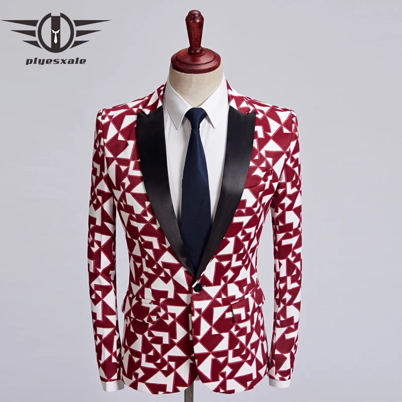 

Plyesxale Brand Mens Slim Fashion Blazers Black Red Geometric Printed Blazer Jacket Unique Pattern Designs Male Stage Wear Q464