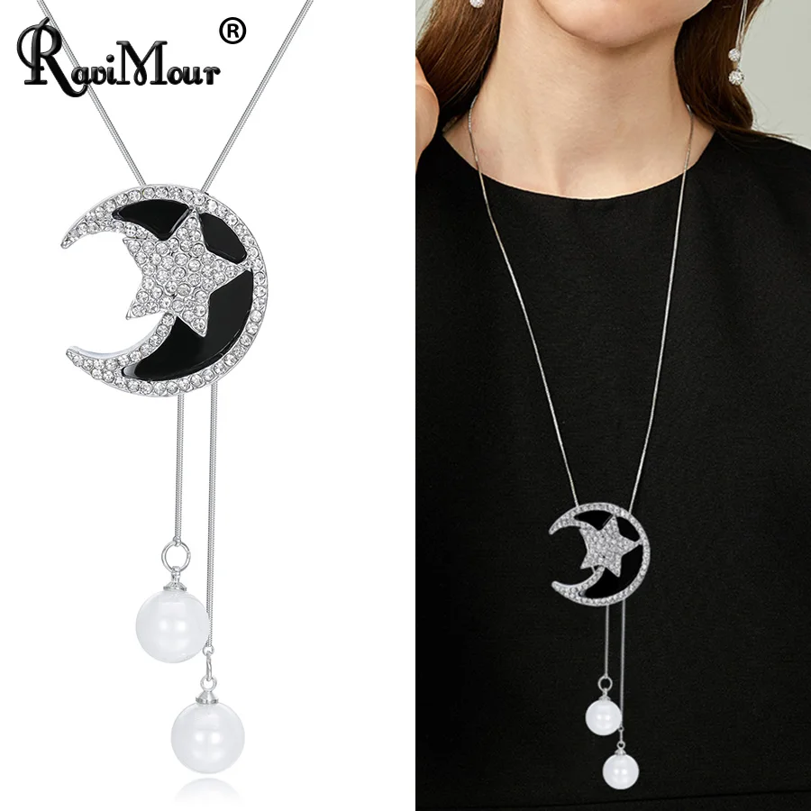 

RAVIMOUR Big Black Moon Star Kolye Pendants Necklaces Fashion Jewelry Rhinestone Pearl Statement Sweater Long Necklace for Women