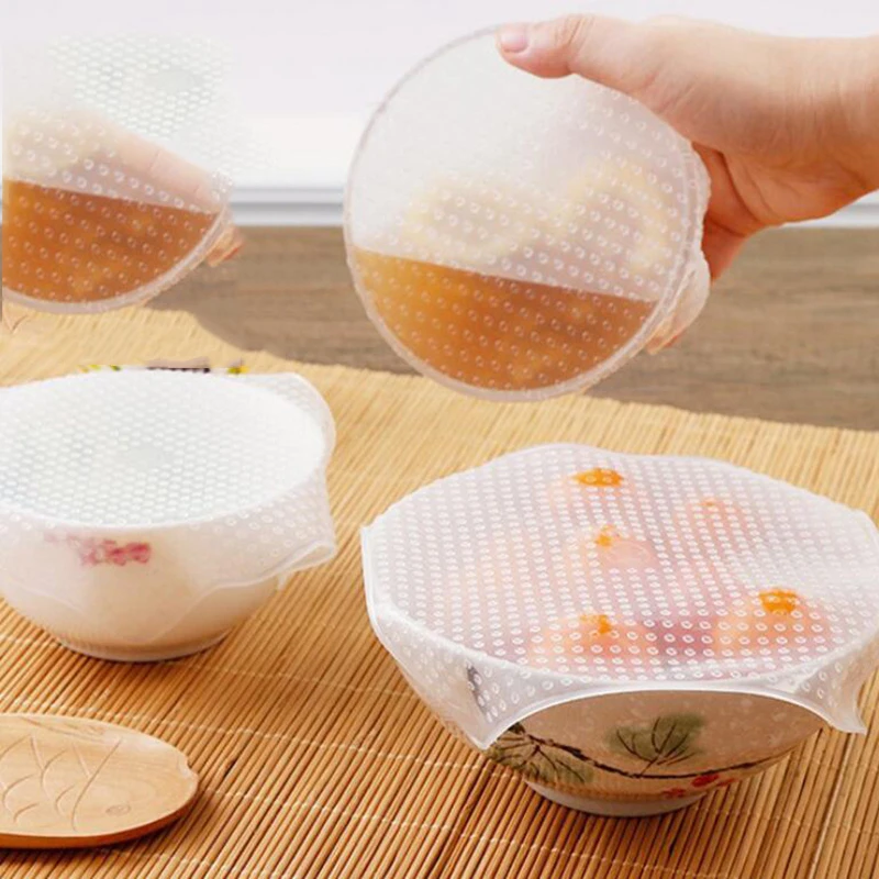 

4pcs/set Food Grade Silicone Packaging Food Fresh Cover High Tensile Seal Vacuum Container Cover Storage Cover Kitchen Tools
