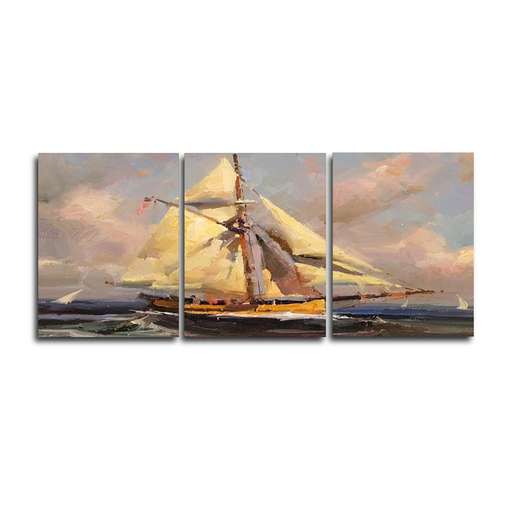 

Laeacco 3 Panel Wall Artwork Sea Sailboat Outside Posters and Prints Vintage Canvas Paintings Calligraphy Home Living Room Decor