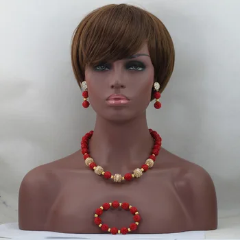 

Fashion Red Coral Simple Single Row Artificial Coral Necklace Earrings Bracelet Set Gold Jewelry Sets Free ShippingABL651