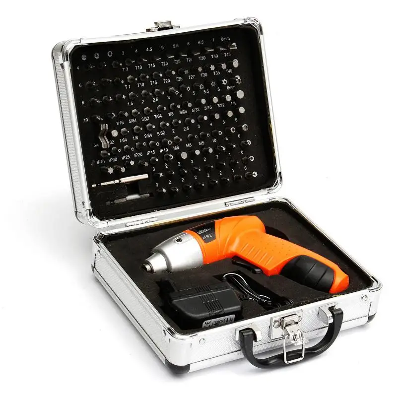 

US Plug 4.8V 104 Pcs Professional High Speed Electric Drill Bits with Professional Aluminium Alloy Box Home Power Drill Set Kit