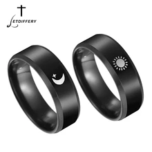 Letdiffery preto titanium aço inoxidável anel sun lua estrela islam religiosos casais anéis jogo amantes de energia jóias