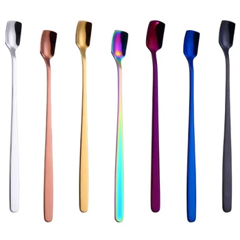 

New 1PC Stainless Steel Cocktail Stirring Scoops Colorful Coffee Spoon Square Head Long Handle Ice Spoons For Dessert Tea Use