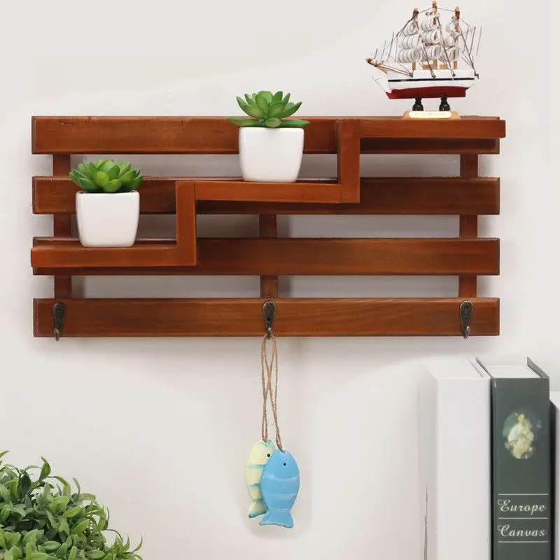 

Solid Wood Wooden Wall Mounted Vintage Retro Rack 3 Hanger Hooks Floating Storage Shelf Display Rack Home Decor