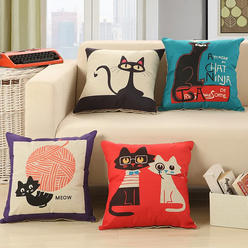 

45x45cm Square Cotton Linen Black Climbing Cat Animals Printed Decorative Throw Pillows Home Decor Cushion For Sofas No Core