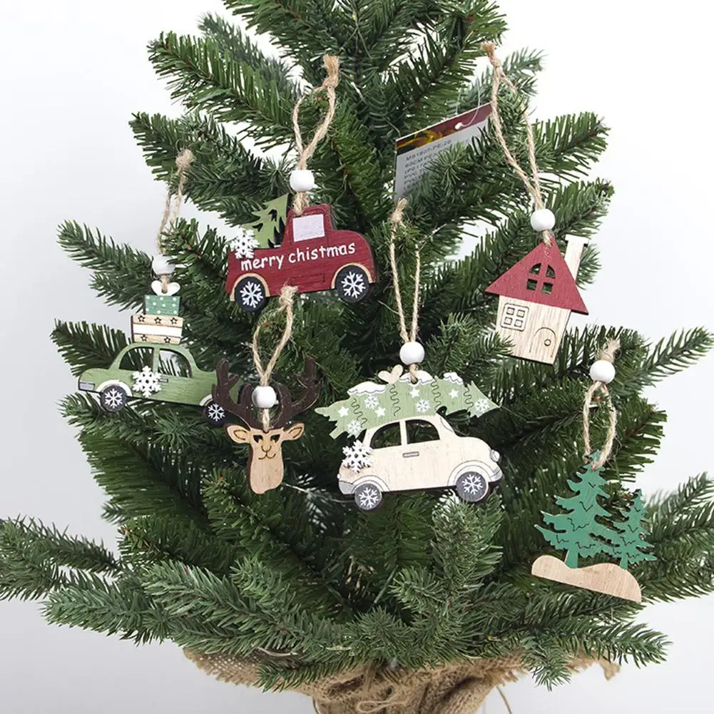

3Pcs Hanging Wooden Christmas Tree Cabin Elk Car Ornament Home Mall Window Decor