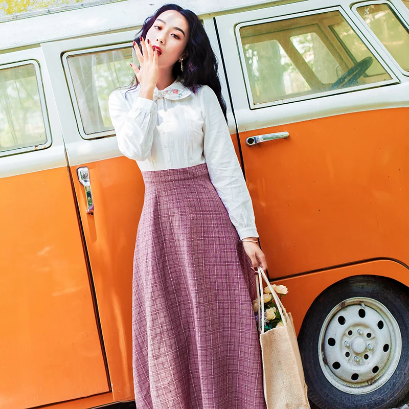 

2018 Autumn new vestido women's dresses vintage retro embroidered plaid dress