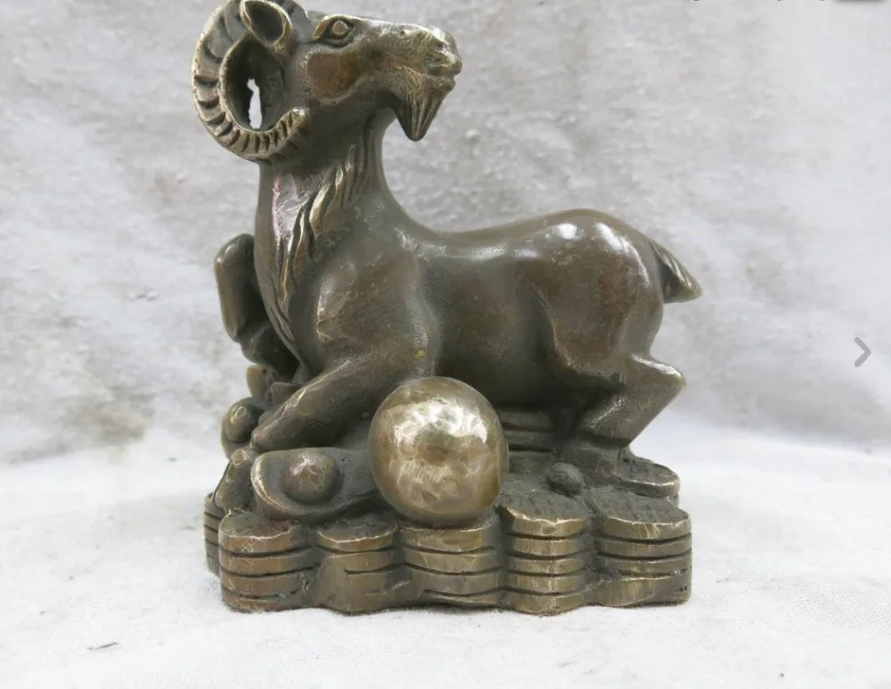 

671105244++China Feng Shui Brass carved copper money lucky Sheep Sculpture Statue