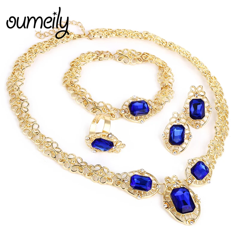 

African Jewelry Set Dubai Gold Silver Color Women Wedding Costume Imitation Crystal Blue Red White Rhinestone Bridal Jewelry Set