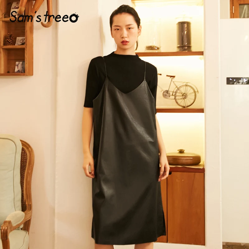 

Samstree Autumn Women Leather Dress V-neck Simple Black Strap Dress Knee-length Loose Female Vestidos