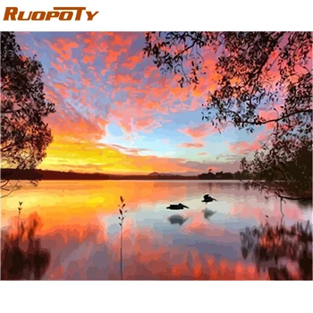 

RUOPOTY Frame Picture Sunset Lake DIY Painting By Numbers Kits Handpainted Oil Painting Modern Wall Art Picture For Home Decor