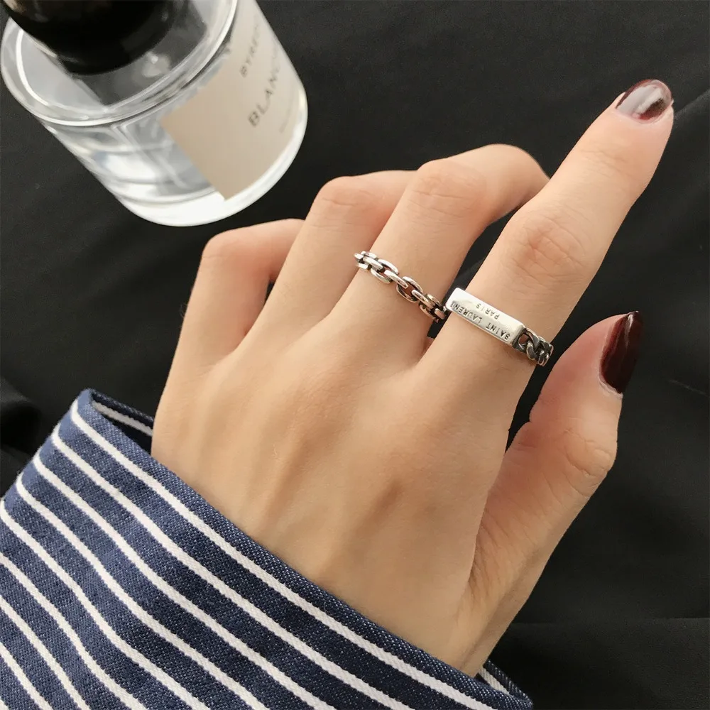 

Amaiyllis S925 Sterling Silver Simple Retro Thai silver chain square Letter Opening Ring For Women Luxury Jewelry
