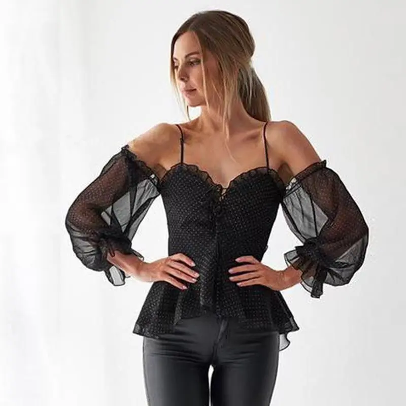 

Off Shoulder Sexy Chiffon Blouse Women White Polka Dot Vintage Elegant Gothic Black Summer Ruffle Lace Up Pink Backless Blouses