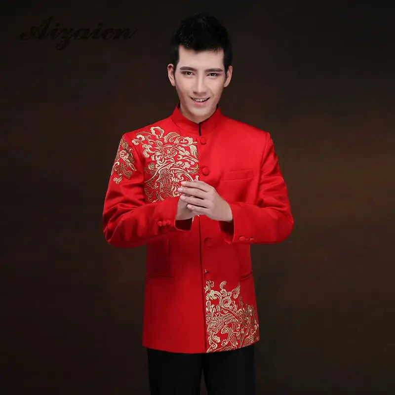 Жених Свадебный костюм Красный Традиционный китайский костюмы для мужчин Cheongsam топы корректирующие Тан Robe Rouge современное Ципао Oriental