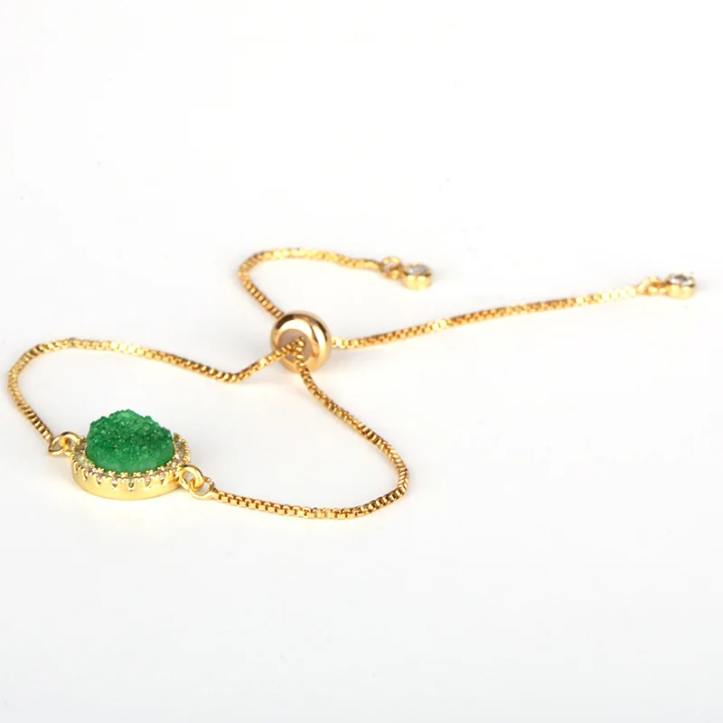

paved white cz natural rough round vintage vigorous green druzy stone bead connector charm thin gold link bracelet for women