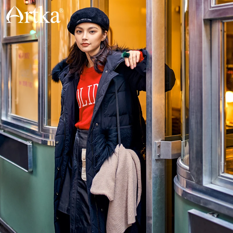 ARTKA/Новая городская серия, зимнее черное длинное теплое плотное пуховое пальто на 90% утином пуху, ZK10377D