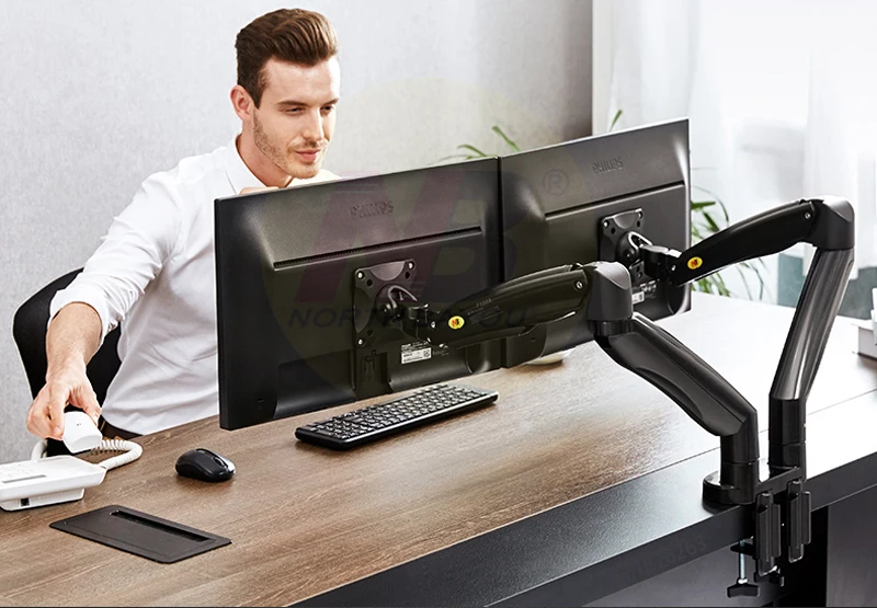 Suporte do Suporte do Monitor do Movimento Completo do Braço da Mola de Gás da Montagem do Monitor do Diodo Emissor de Luz do Lcd Duplo da Liga 22-32 de Alumínio de nb F195a com 2 Diodo Portas do Usb - Image 4