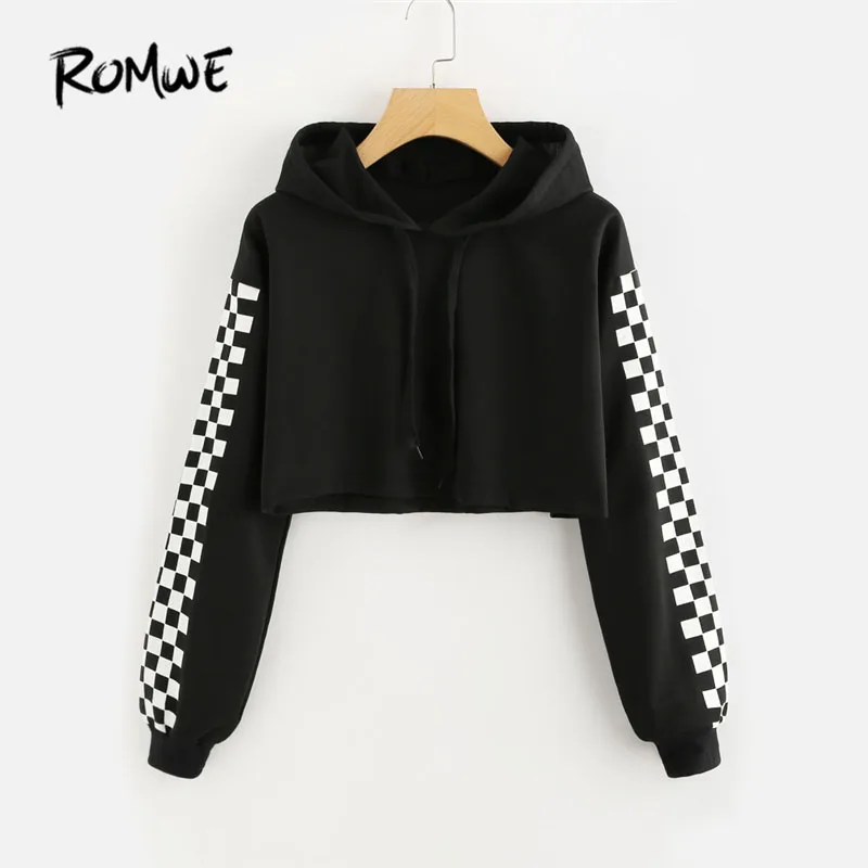 

ROMWE Contrast Checked Sleeve Crop Hoodie Drawstring Plaid Regular Fit Women Top Long Sleeve Pullover Sweatshirt