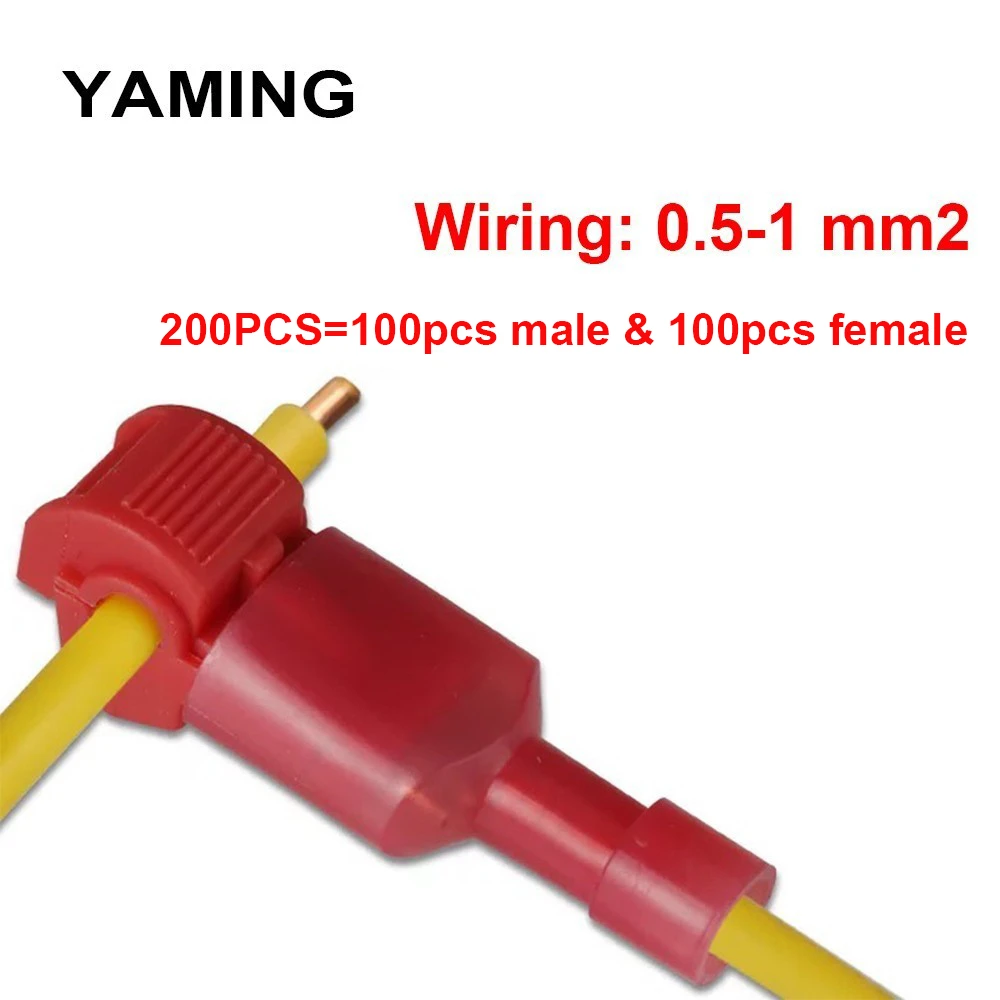 

Red T Shape Terminal Wiring Connector 10A Universal Quick Connection Soft Wire Splice 0.5-1mm2 Male And Female 200PCS(100Set)