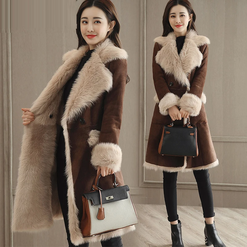 European Women Coat Long Autumn Winter New Elegant Female Jackets Warm Fur Coat Solid Blends Turn Down Collar Jacket EE32