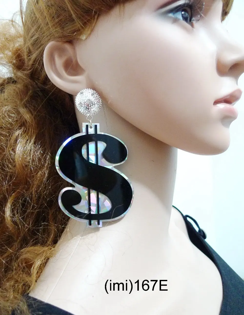 167E Rock Girl Black Acrylic Dollar Laser Cut Bling Stud Earrings