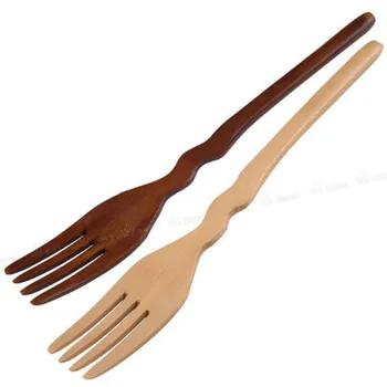 

10 Pcs Wood Fork Natural wood cutlery 3 or 4 teeth hairpin Spork Curved handle fork Dessert Bread Fruit Fork Wooden Dinner Fork