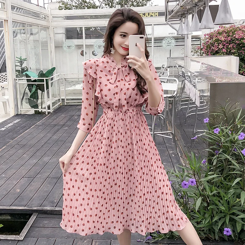 Женские длинные платья, повседневное летнее элегантное винтажное платье с рюшами и принтом, женское шифоновое платье средней длины в горошек, корейский стиль, розовое - Цвет: Pink
