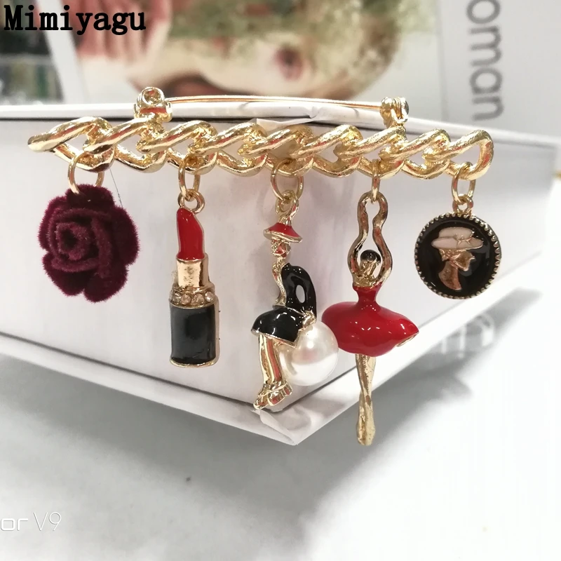 

Mimiyagu style Pearl brooch pin jewelry for women dancer lipstick rose flower lady brooch jewelry