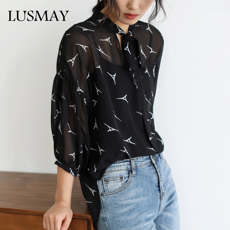 

Black Bow Tie Casual Women's Blouse Lantern Sleeves Chiffon Female Sunscreen Shirt Fashion Streetwear Printed Blouse And Top