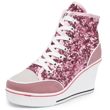 Женская обувь; сезон весна-осень; цвет розовый, черный, серебристый; блестящая Вулканизированная обувь; женские кроссовки на танкетке; Повседневная обувь; Zapatos De Mujer