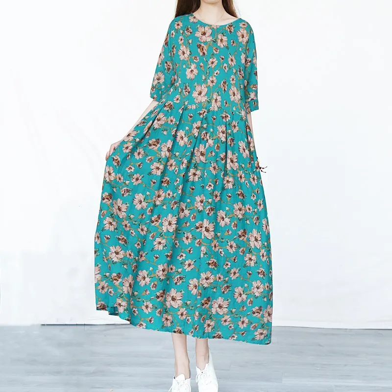 

Summer Print Super Long Short Sleeve Dress Female Flax Material Long Dress Short Sleeve Loose Dress