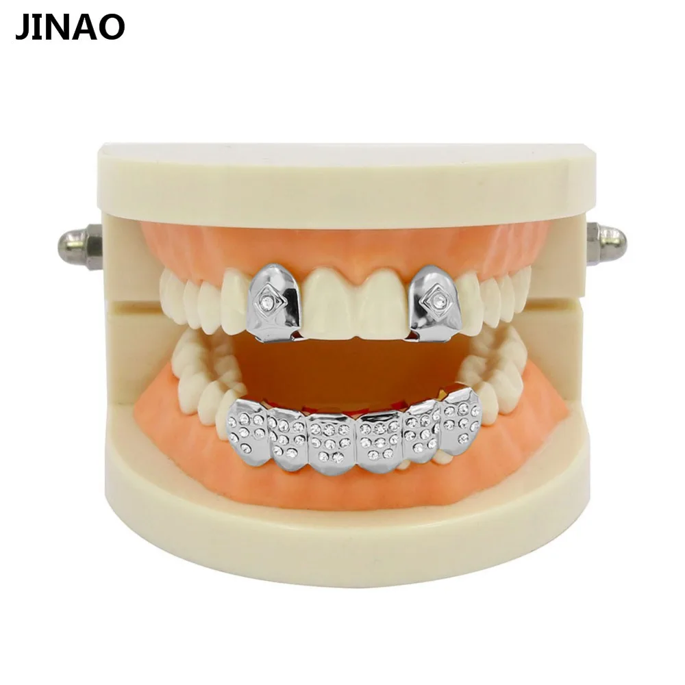 JINAO, для мужчин и женщин, в стиле хип-хоп, позолоченные, на заказ, горлышки для рта, набор, CZ Стразы, 2 шт., один верх и 6 зубов, нижний набор, золотые грили
